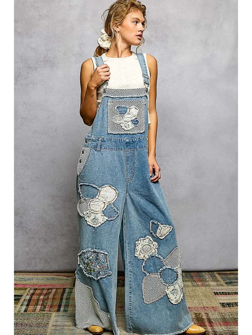 POL Embroidery Floral Patchwork Buckle Back Woven Denim Overalls - NWT - S M L - Picture 3 of 4